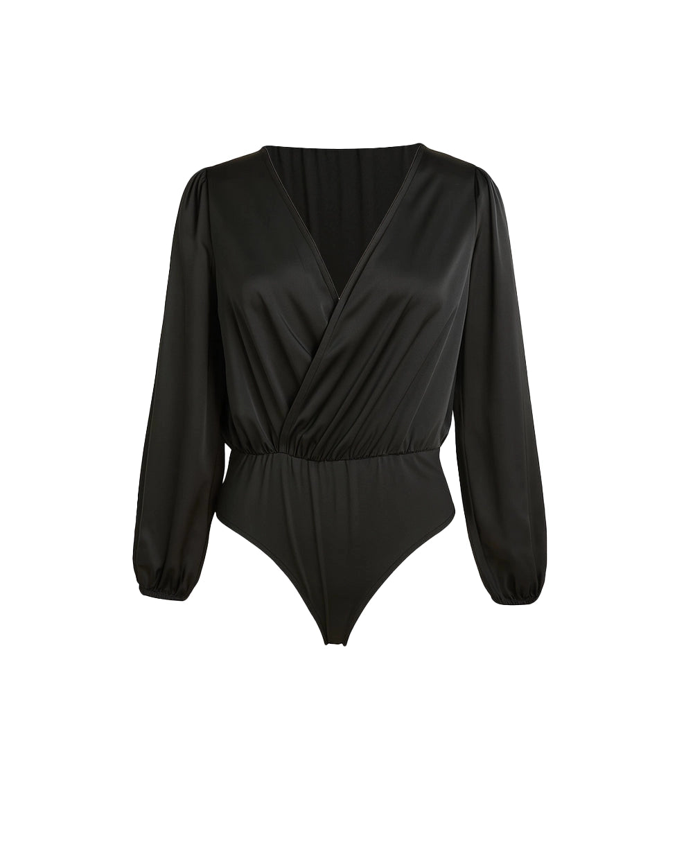 Black bodysuit with long sleeves on a white background