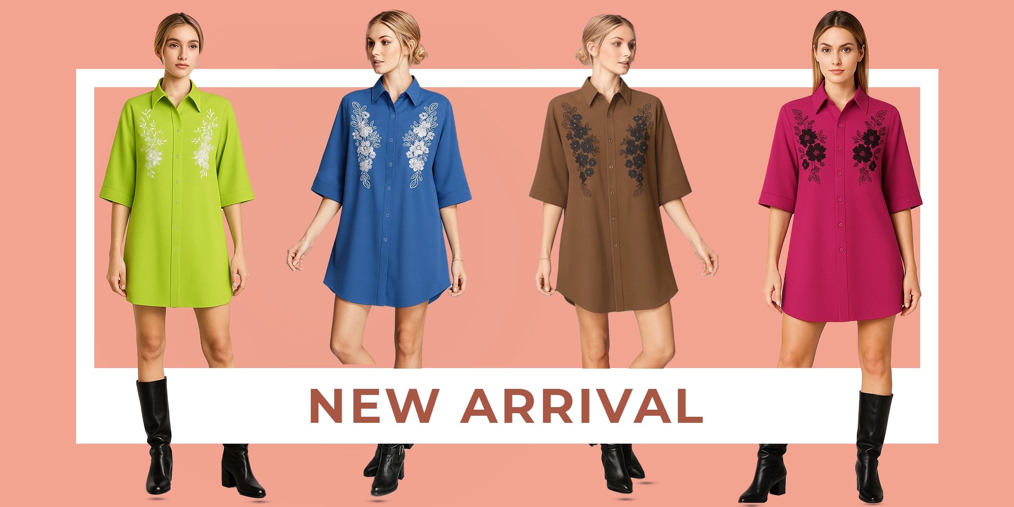 BeboNLolo embroidered shirt dress collection – new arrival in green, blue, brown and pink colors – Front View