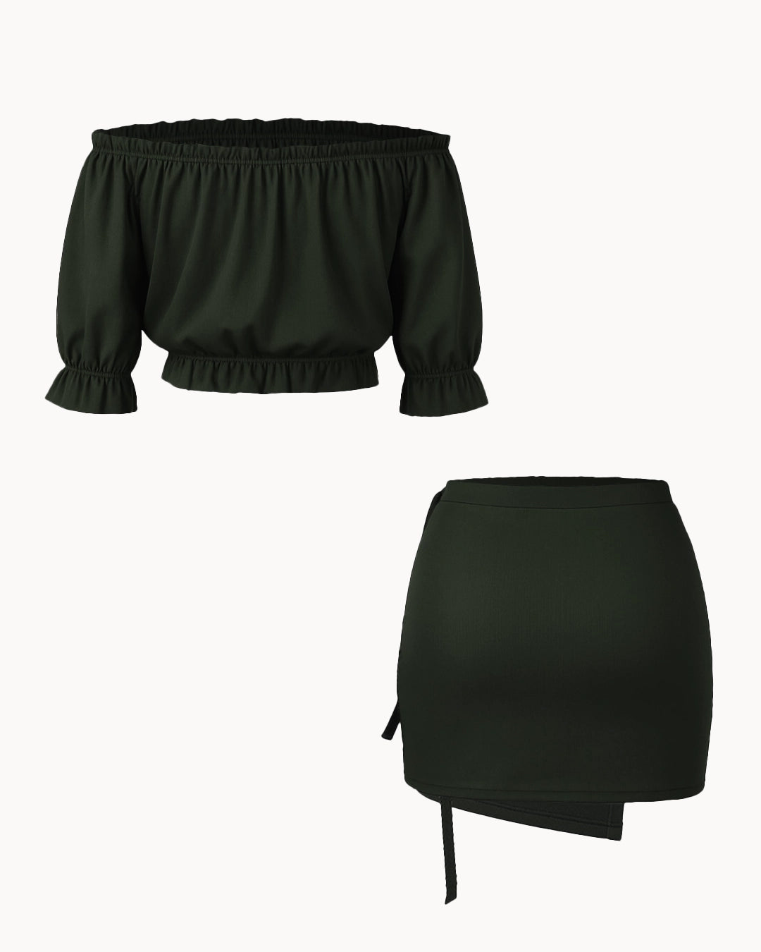 Black off-shoulder top and skirt set on a white background