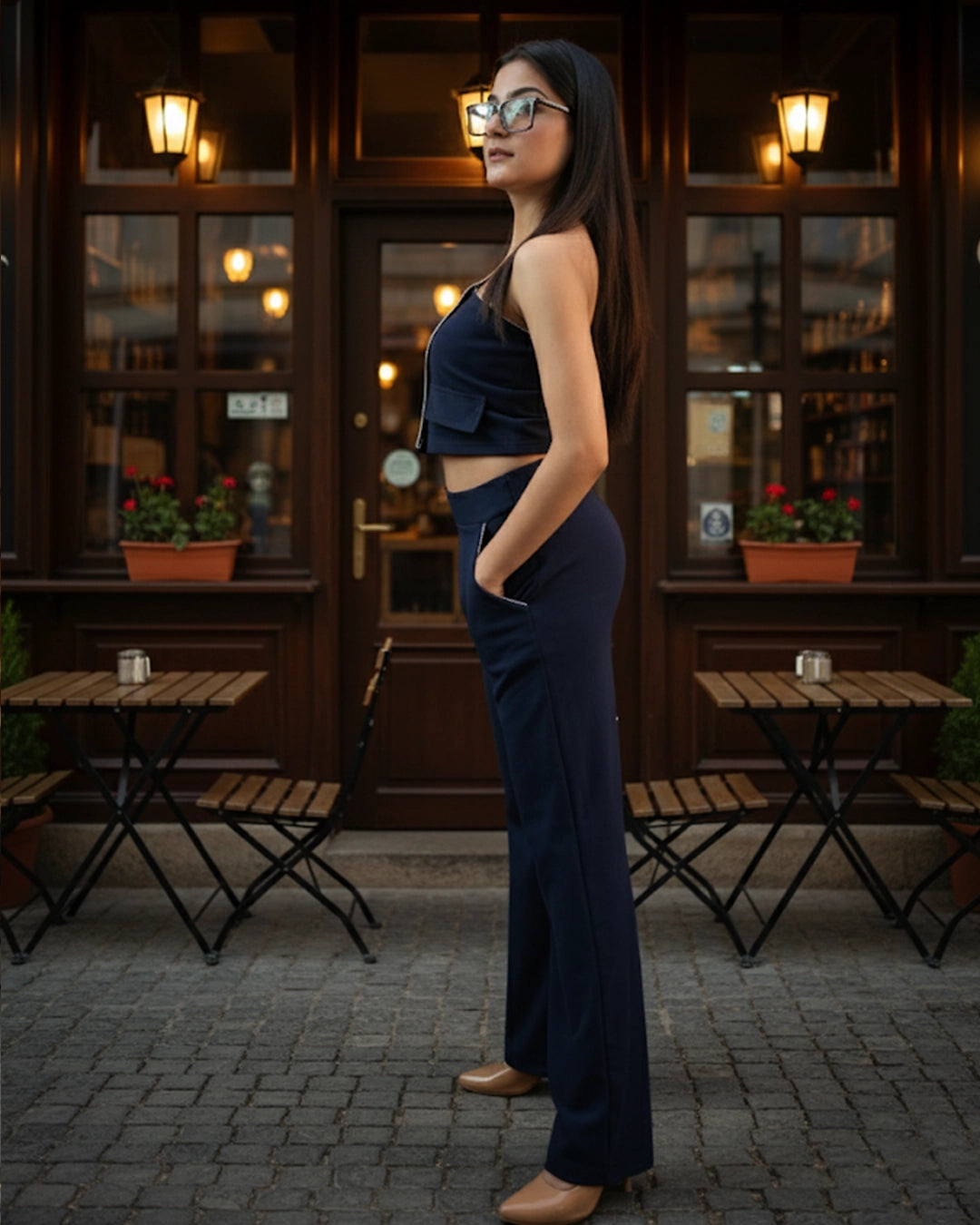 Woman in a navy outfit standing in front of a café with outdoor seating.