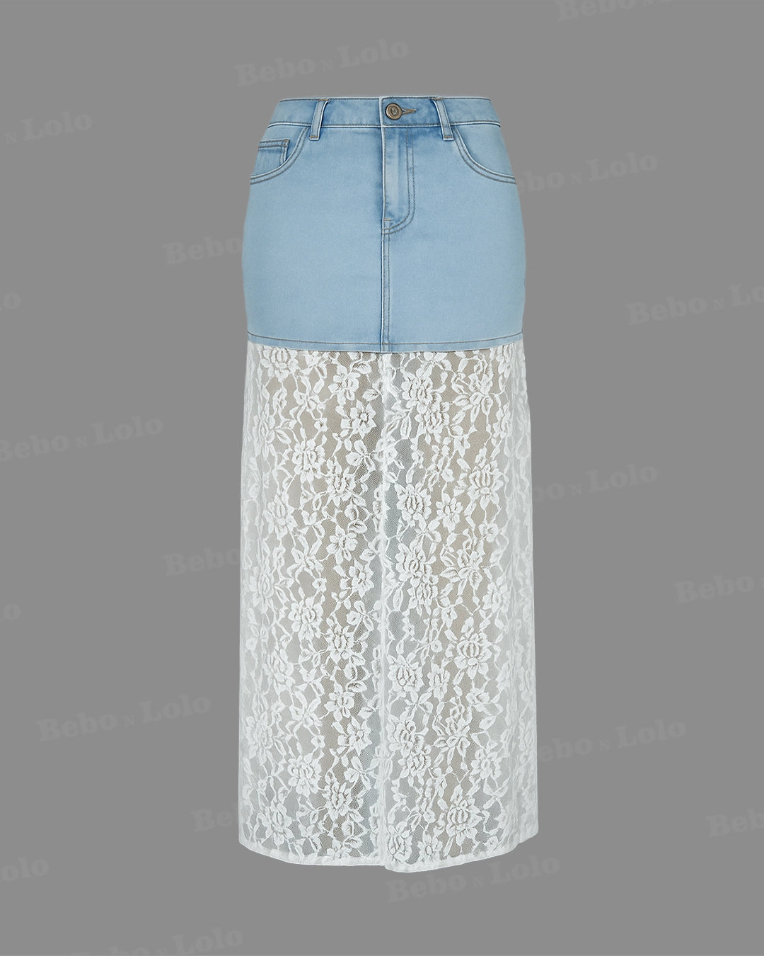 Lace Patchwork Denim Skirt - bebonlolo