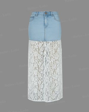 Lace Patchwork Denim Skirt - bebonlolo