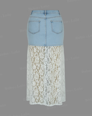 Lace Patchwork Denim Skirt - bebonlolo