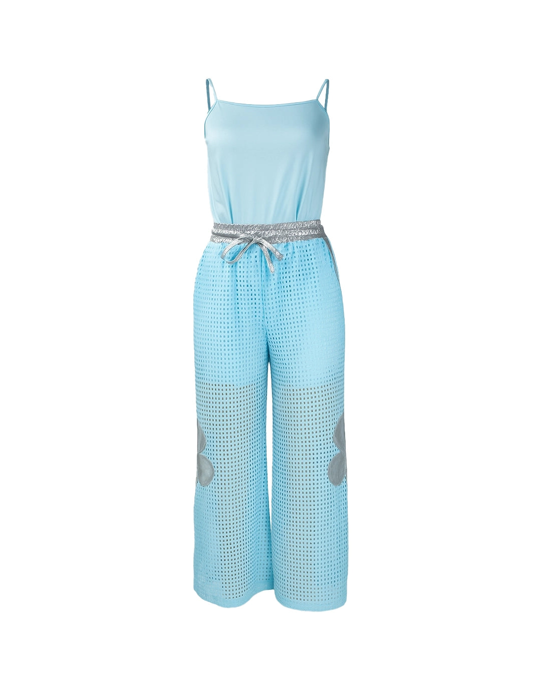Light blue jumpsuit with patterned design on a white background