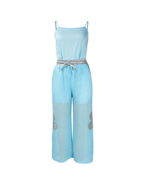 Light blue jumpsuit with patterned design on a white background