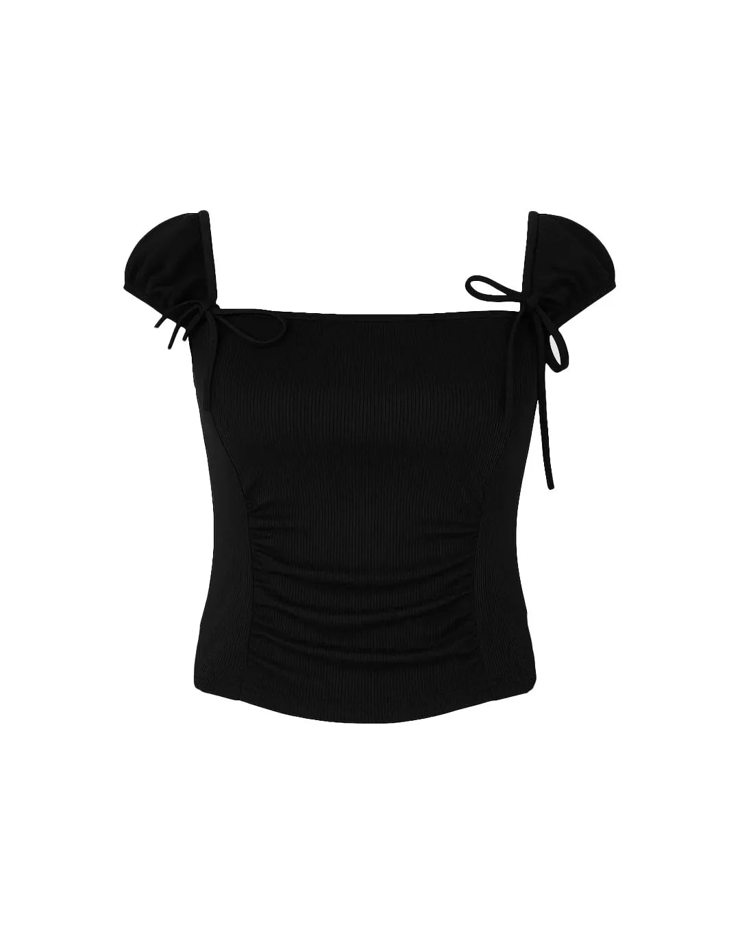 Black off-shoulder top with bow details on a white background