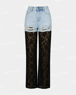Denim & Luxe Lace Fusion Flared Pants
