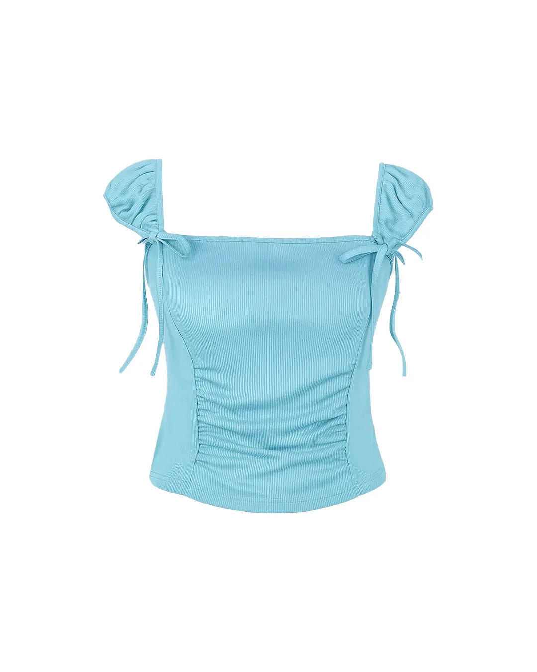 Light blue top with ruched design and tied sleeves on a white background