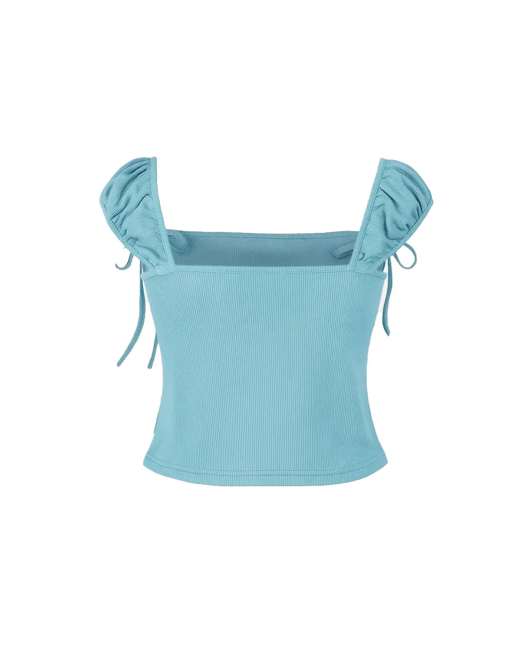 Light blue top with ruffled shoulders on a white background