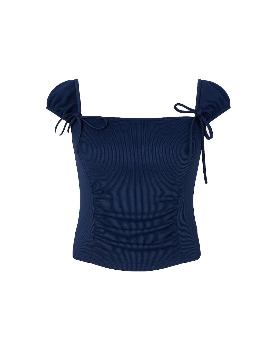 Navy blue top with bow straps on a white background