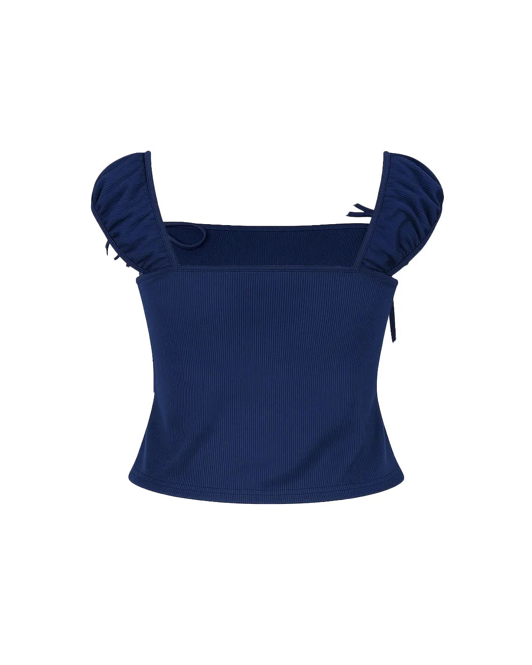 Navy blue top with ruffled shoulders on a white background