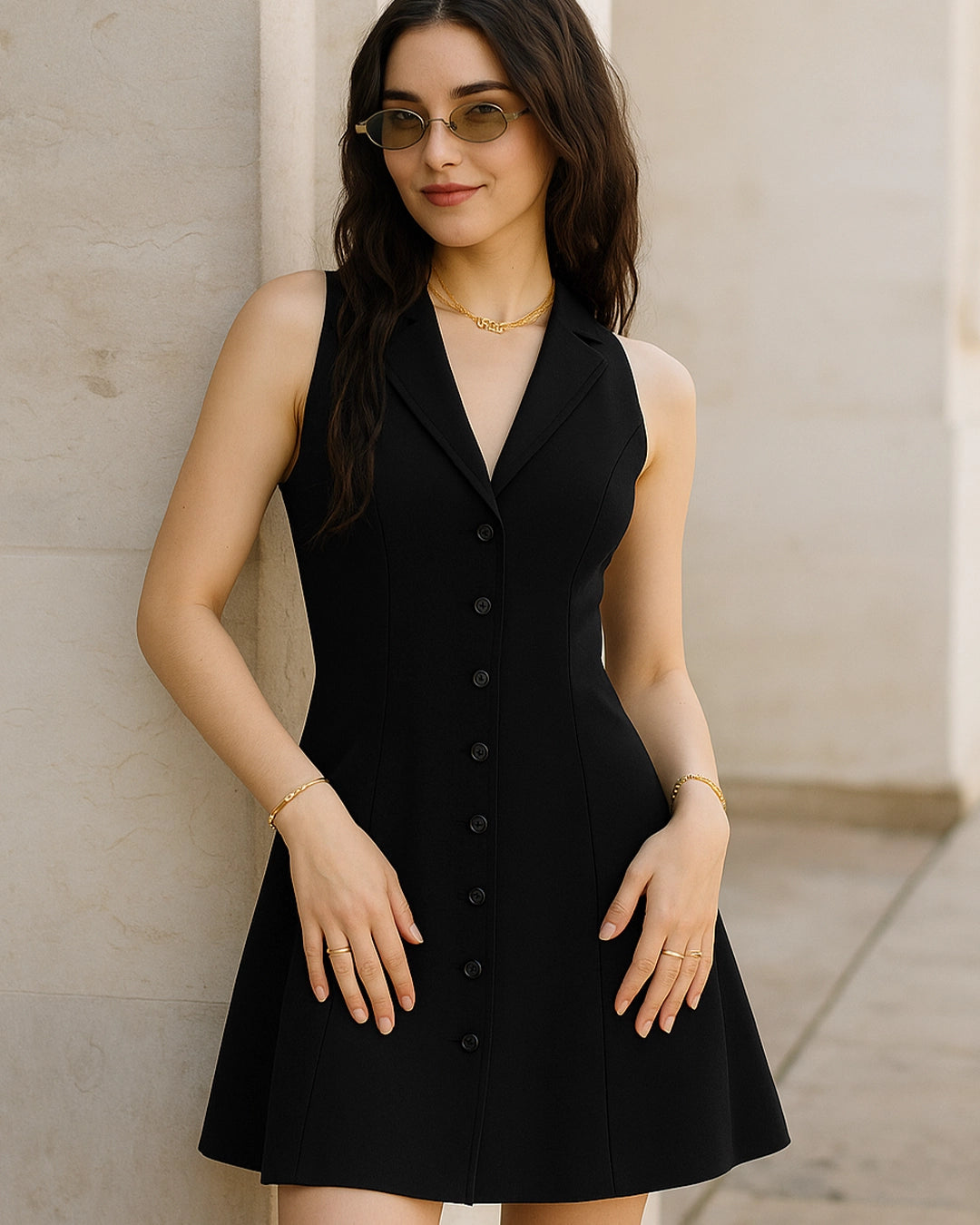 Woman wearing a black sleeveless dress against a beige wall.