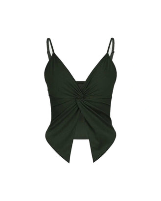 Green swimsuit top with a knot detail on a white background