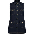 Black denim vest with button details on a white background
