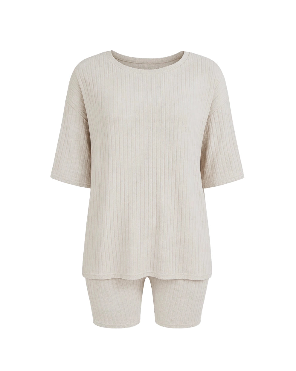 Beige ribbed top and shorts set on a white background