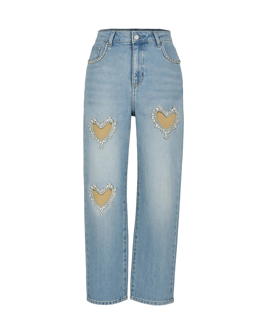 Light blue jeans with heart-shaped embellishments on a white background