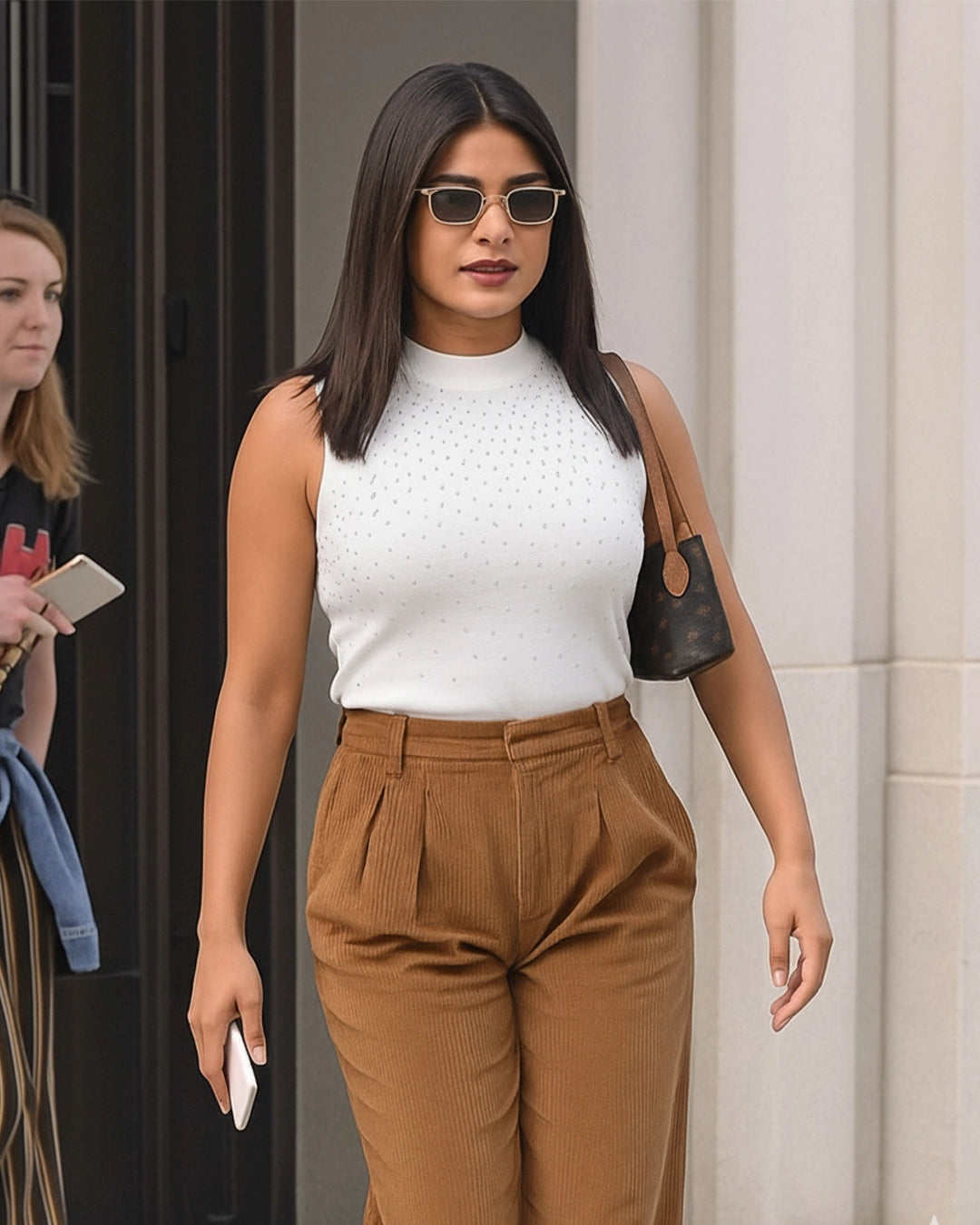 Woman in white sleeveless top and brown pants walking outdoors.