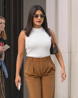 Woman in white sleeveless top and brown pants walking outdoors.