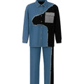 Two-tone shirt and pants set with blue and black design on a white background