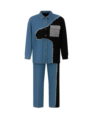 Two-tone shirt and pants set with blue and black design on a white background