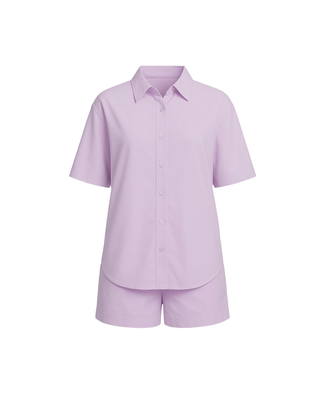 Lavender shirt and shorts set on a white background