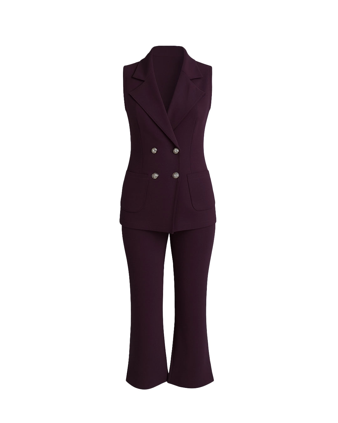 Dark purple suit with vest and pants on a white background