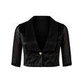 Black cropped blazer with a gold button on a white background