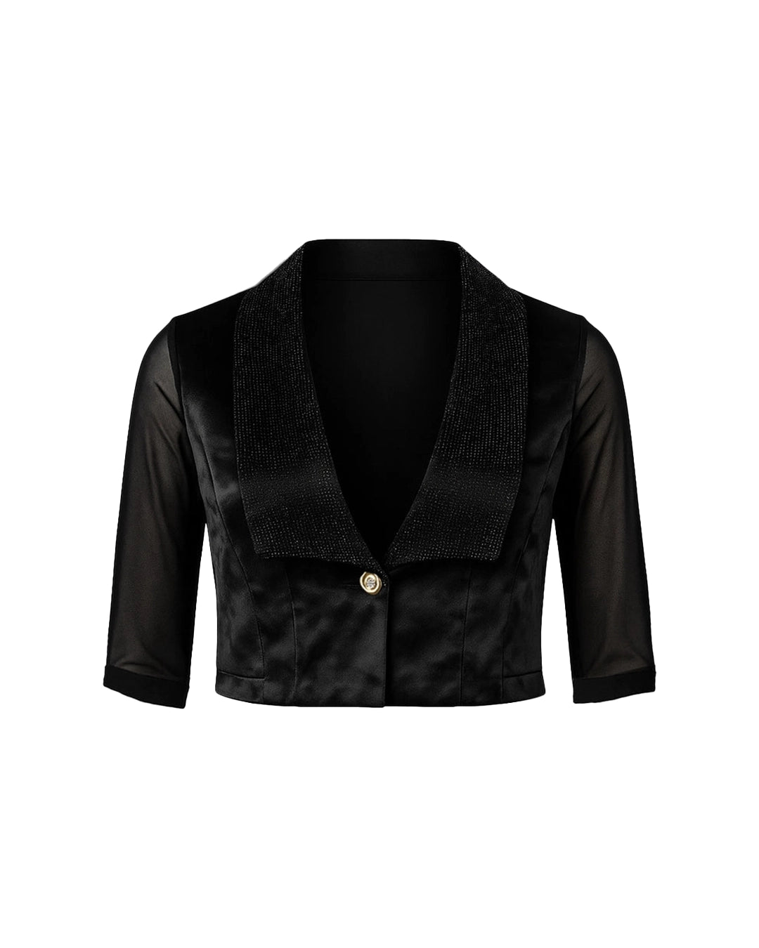 Black cropped blazer with a gold button on a white background