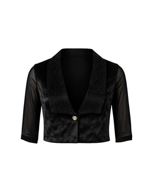 Black cropped blazer with a gold button on a white background