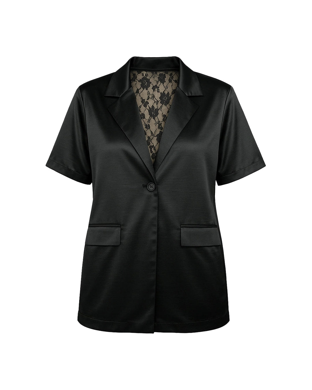 Black blazer with patterned lining on a white background