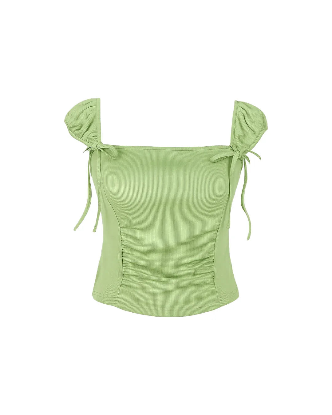 Green top with ruched design and tied sleeves on a white background