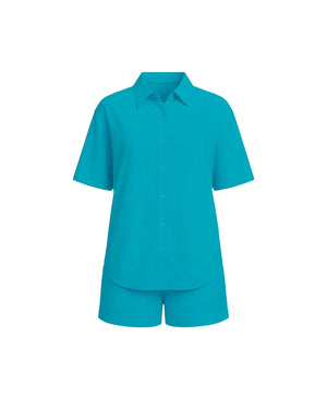 Turquoise shirt and shorts set on a white background