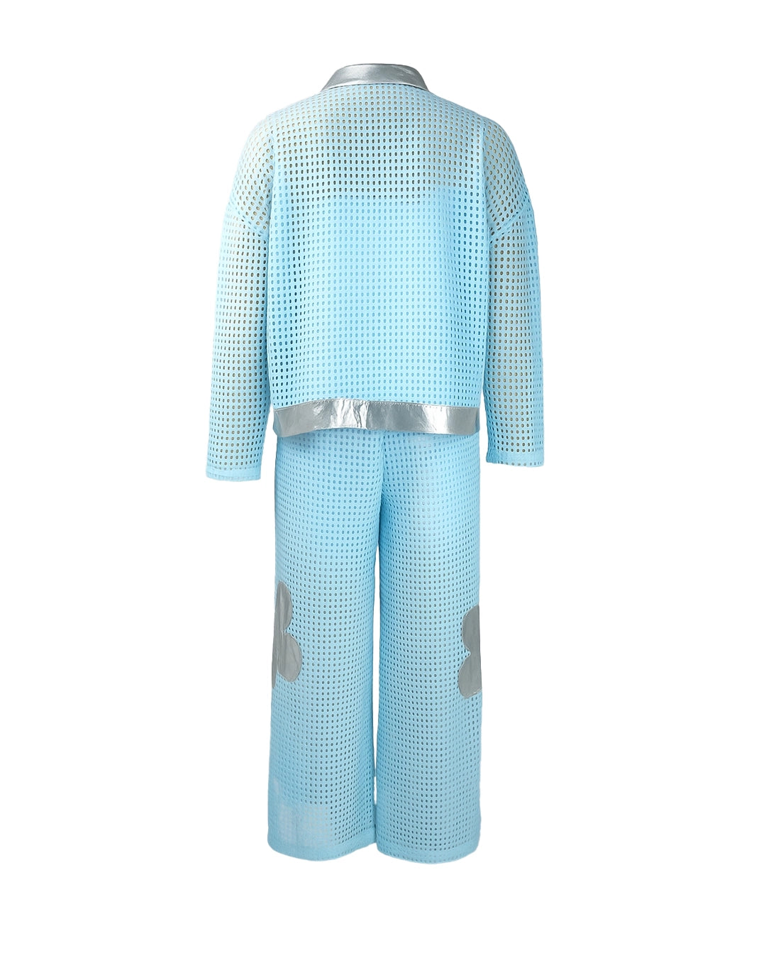 Light blue jumpsuit with silver accents on a white background