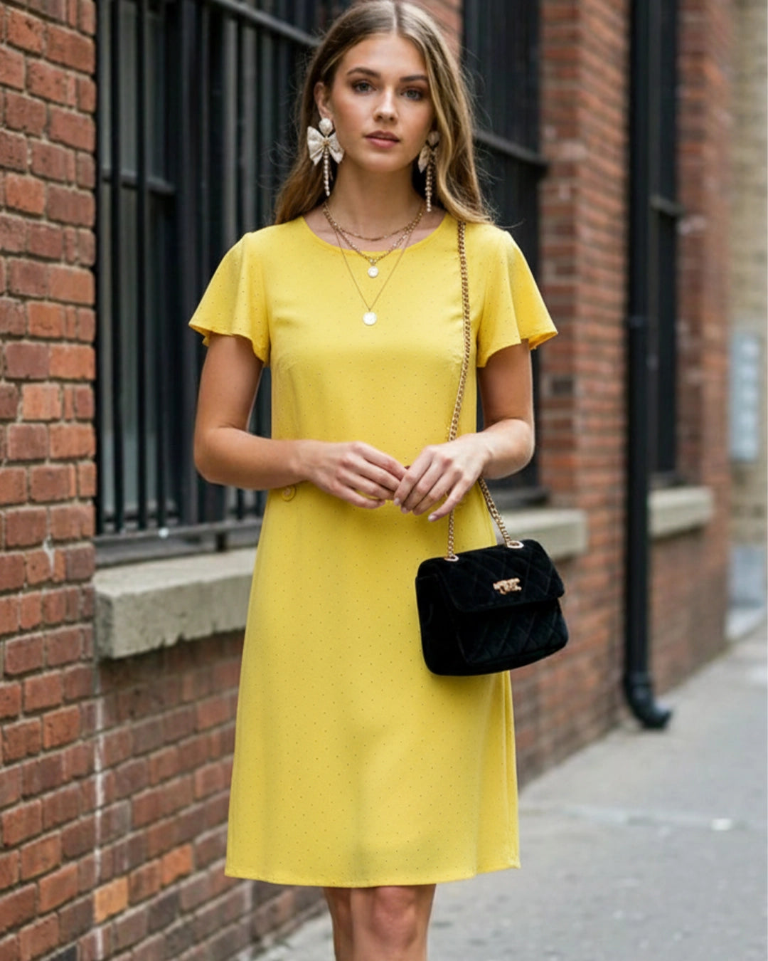 Woman in a yellow dress holding a black handbag against a brick wall.