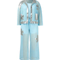 Light blue jumpsuit with silver floral patterns on a white background