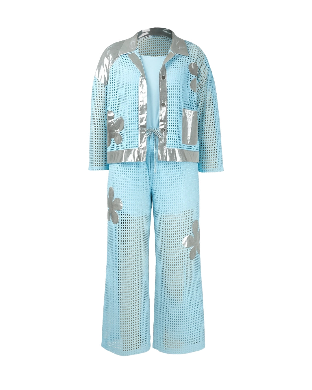 Light blue jumpsuit with silver floral patterns on a white background