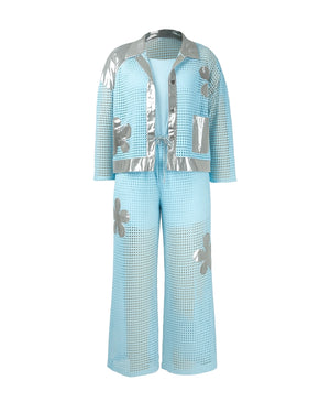 Light blue jumpsuit with silver floral patterns on a white background