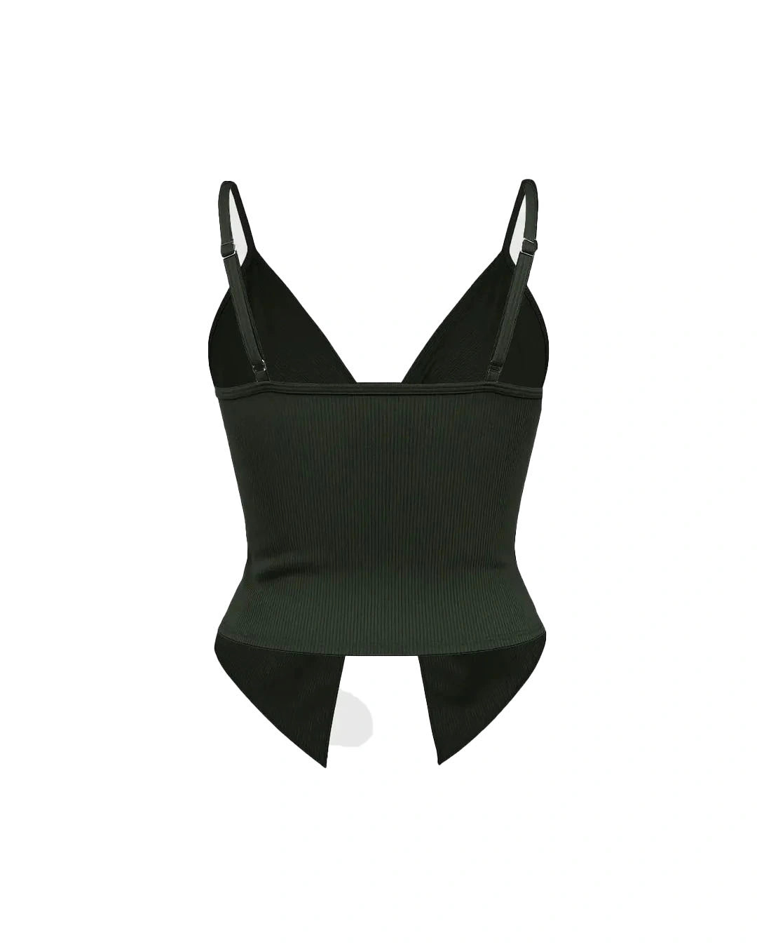 Black ribbed tank top with thin straps on a white background