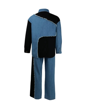 Two-tone denim outfit with black and blue design on a white background