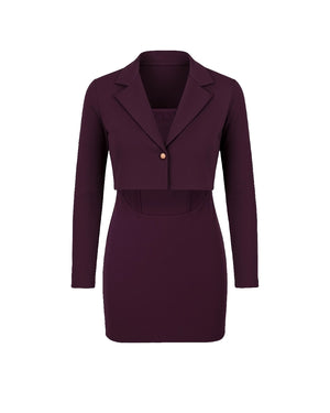 Purple two-piece suit with jacket and skirt on a white background
