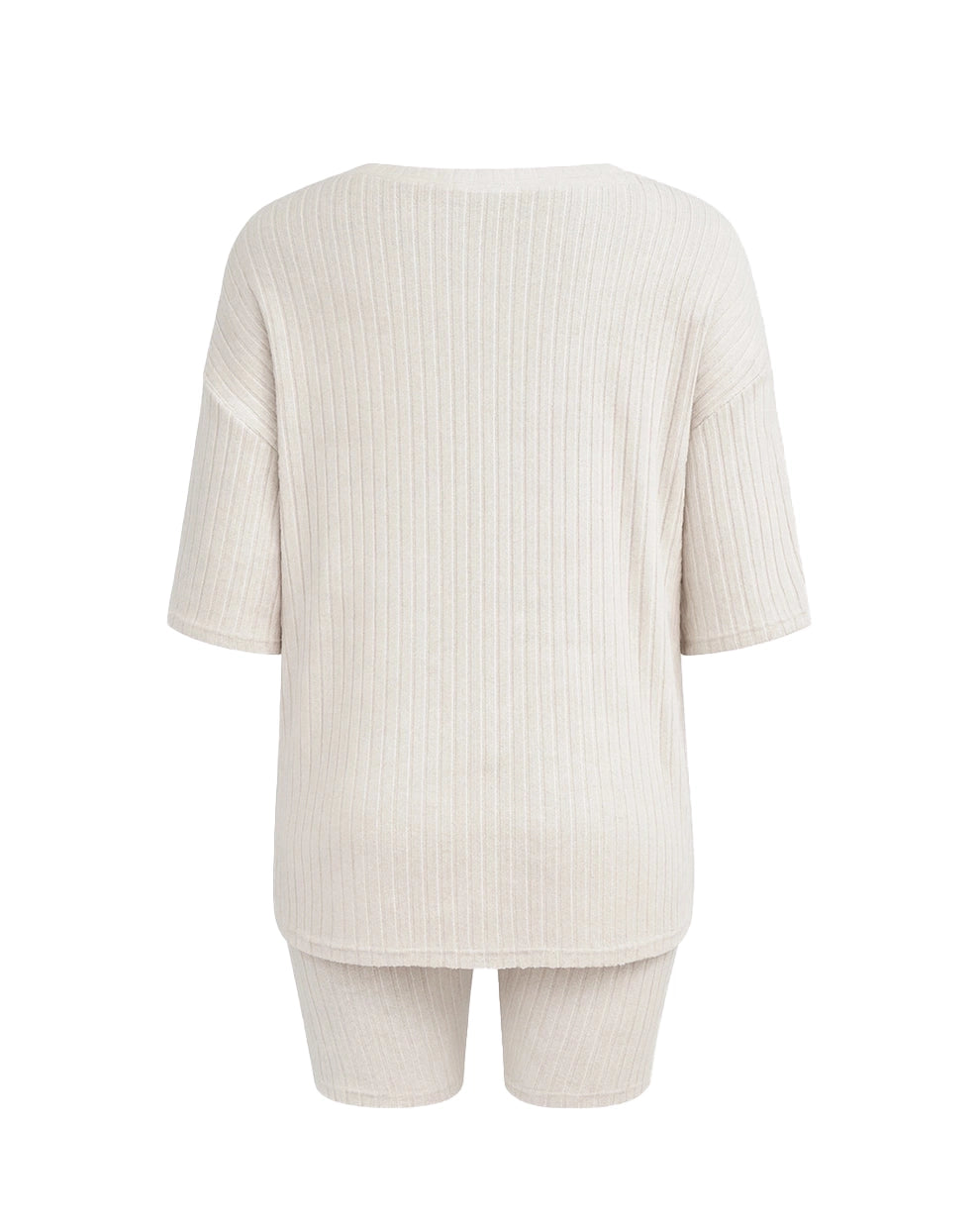 Beige ribbed top and shorts set on a white background