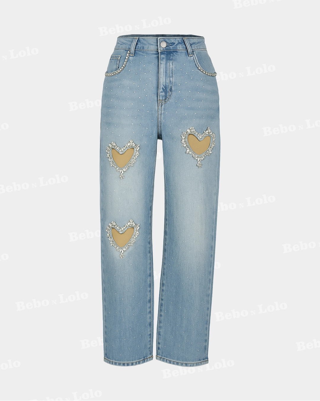 Crystal Heart Cutout Embellished Denim