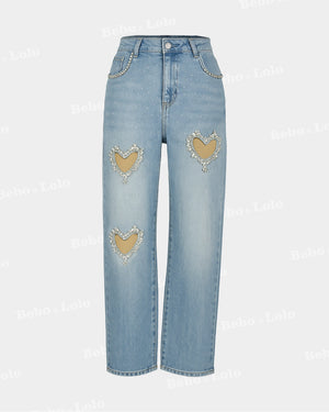 Crystal Heart Cutout Embellished Denim