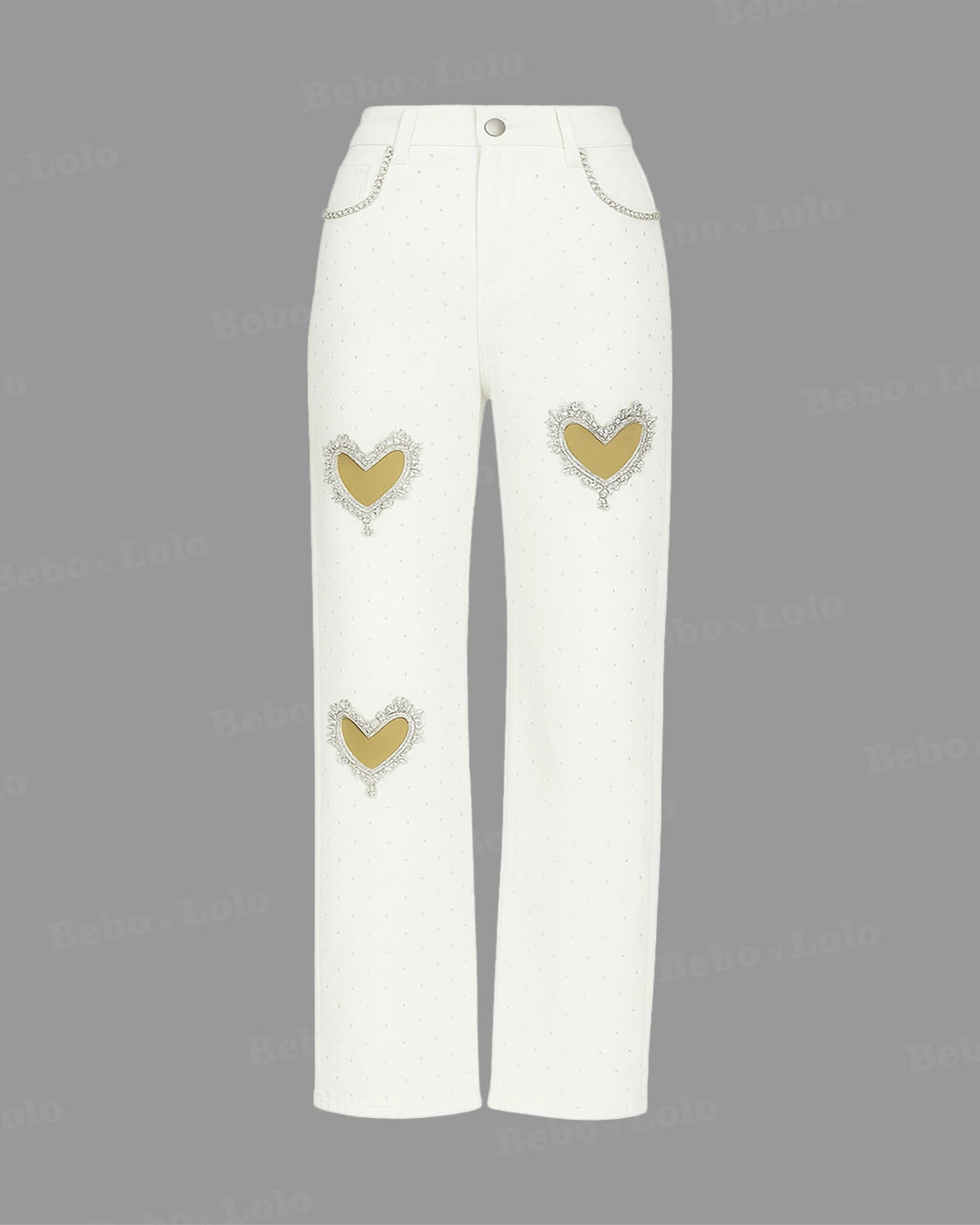 Crystal Heart Cutout Embellished Denim