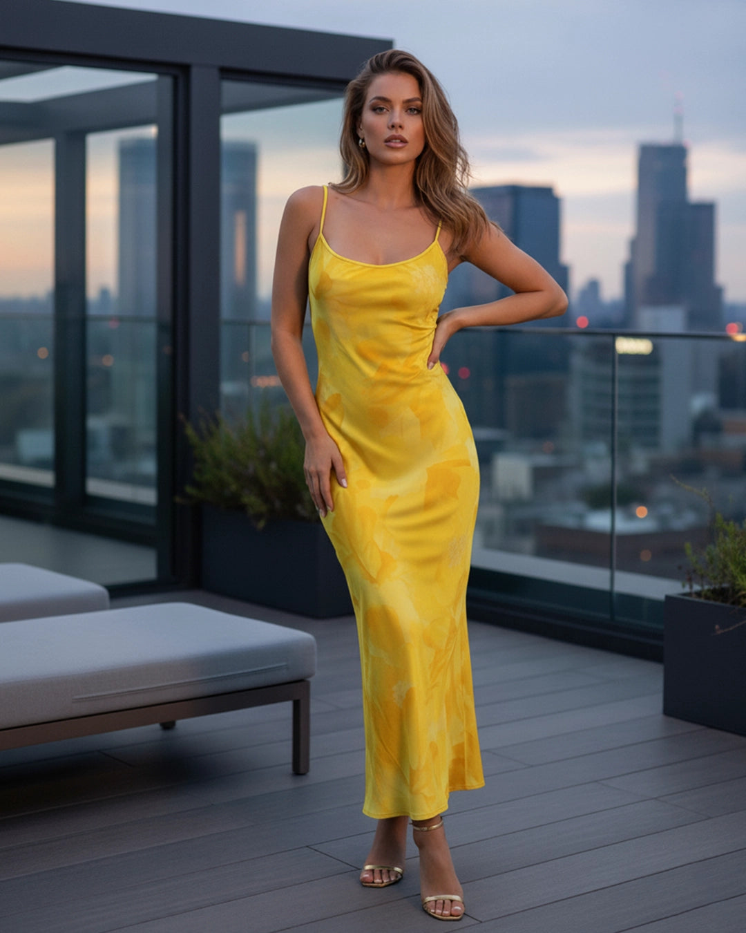 Woman in a yellow dress standing on a rooftop with city skyline in the background