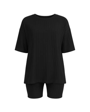 Black t-shirt and black shorts set on a white background