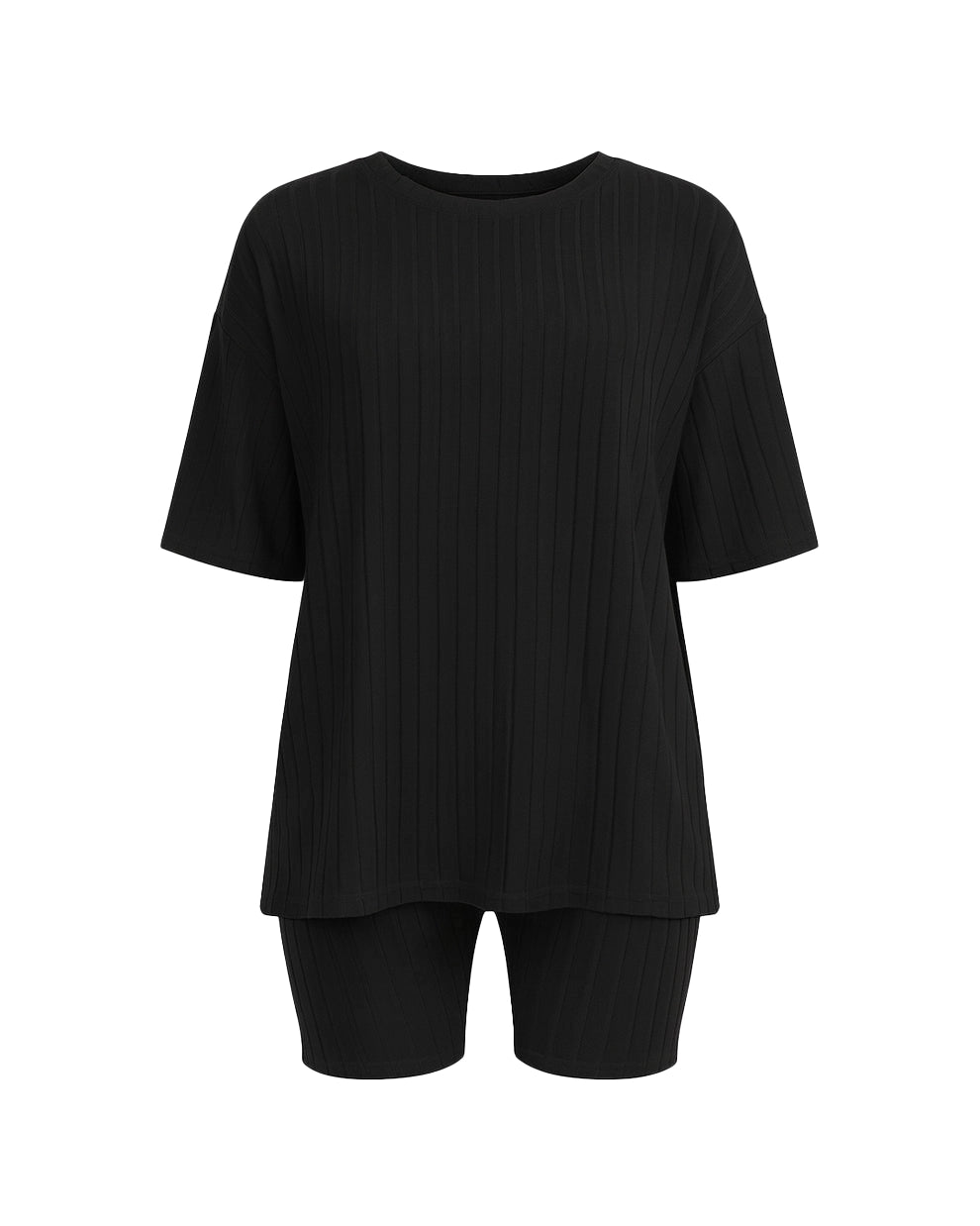 Black t-shirt and black shorts set on a white background