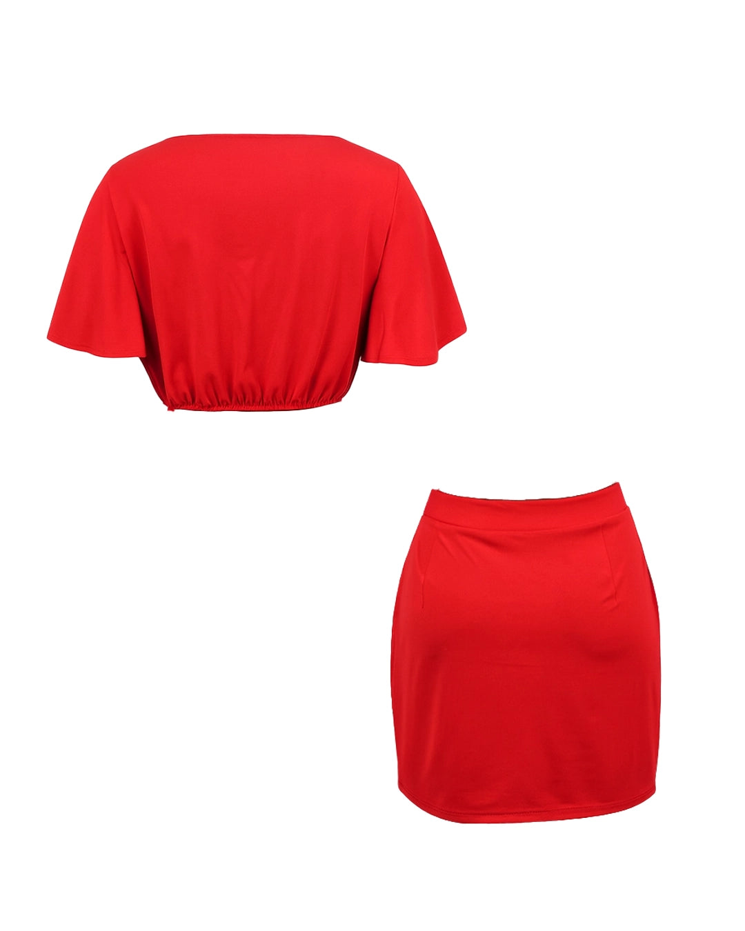 Red crop top and skirt set on a white background