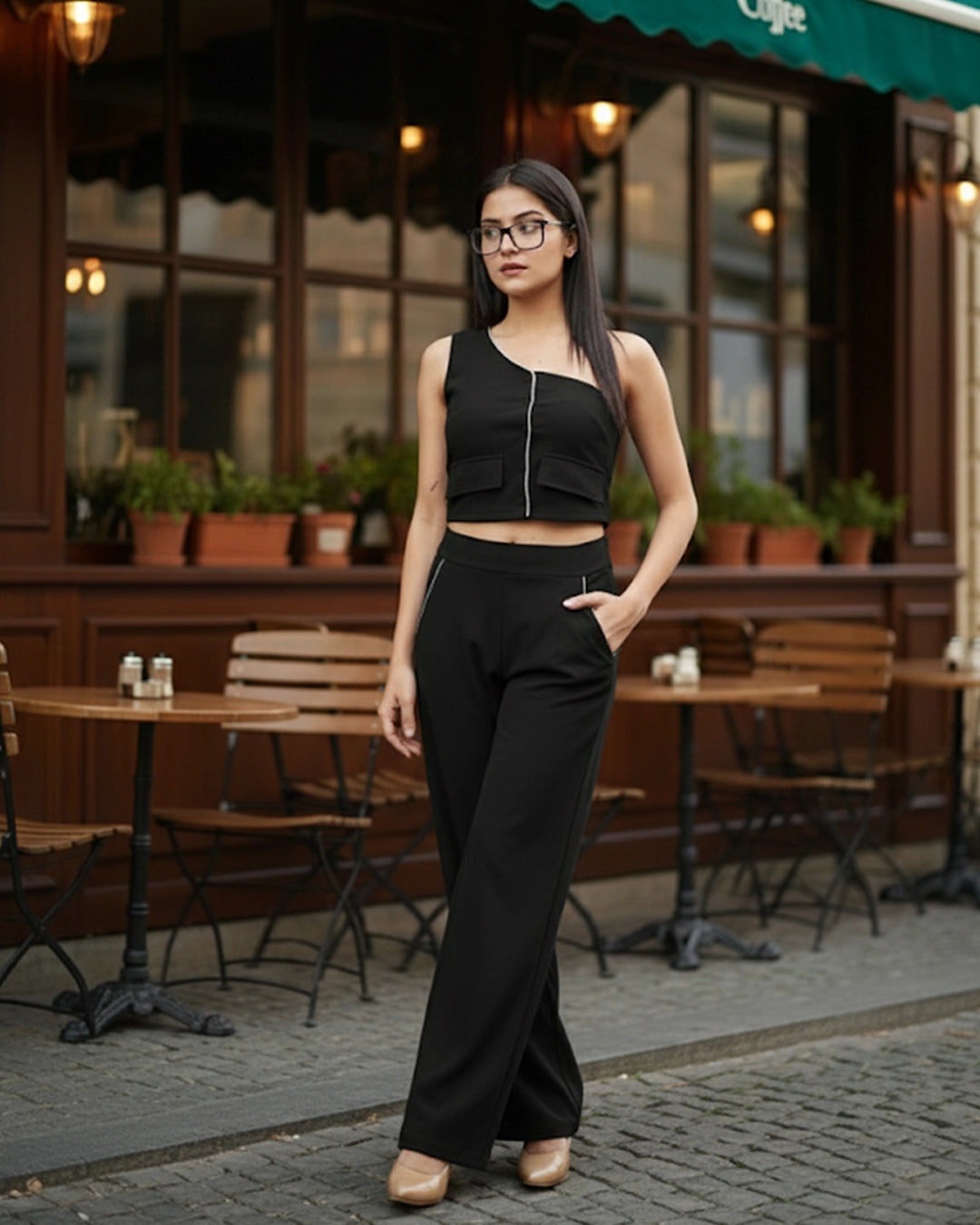Woman in black outfit standing in front of a cafe with tables and chairs.