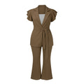 Brown two-piece suit with ruffled sleeves on a white background